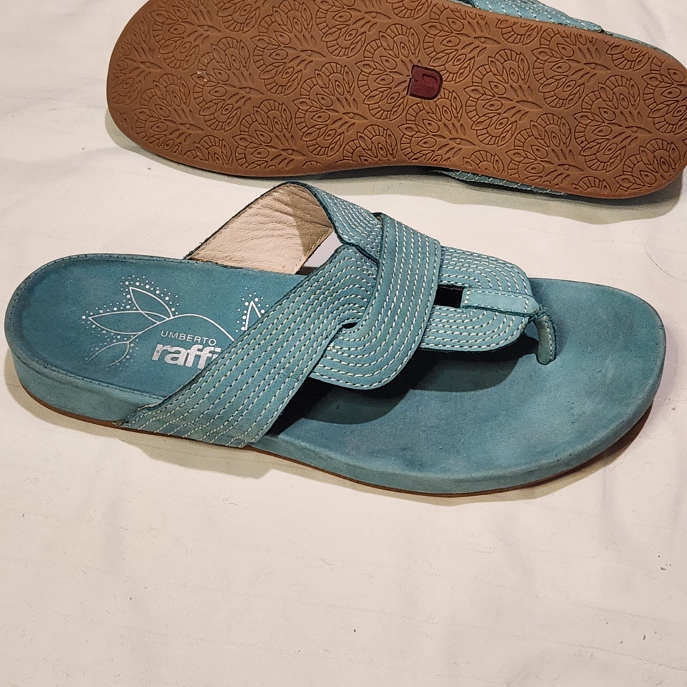 Umberto Raffini Teal Suede Thong Sandals with Contrast Stitching - Picture 8 of 8